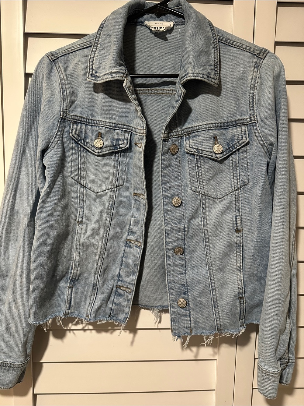 For The Republic Light Wash Denim Jacket with Frayed Hem